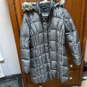 Eddie Bauer women’s down coat, removable fur hood, heather grey, size small